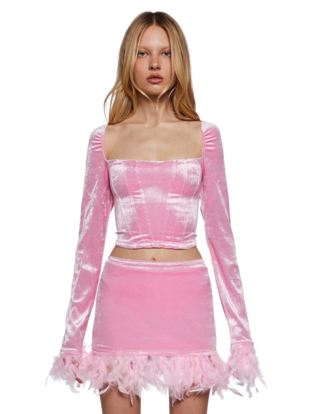 Pink Velvet Feather-Trim Top